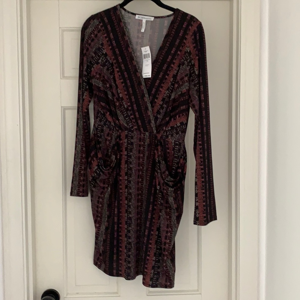 Burgundy multicolor dress with pockets.